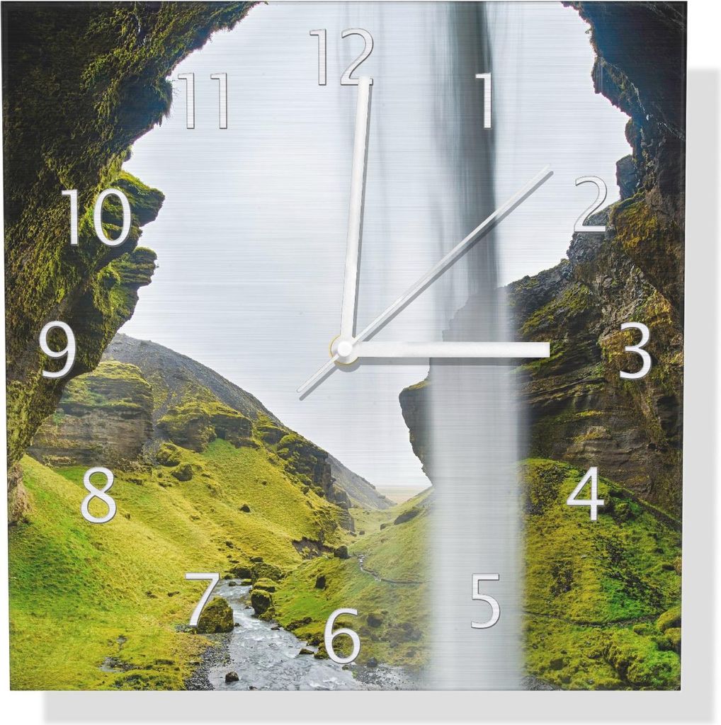 Wallario Design Wanduhr Hinter dem Wasserfall aus Aluverbund, Größe 30 x 30 cm