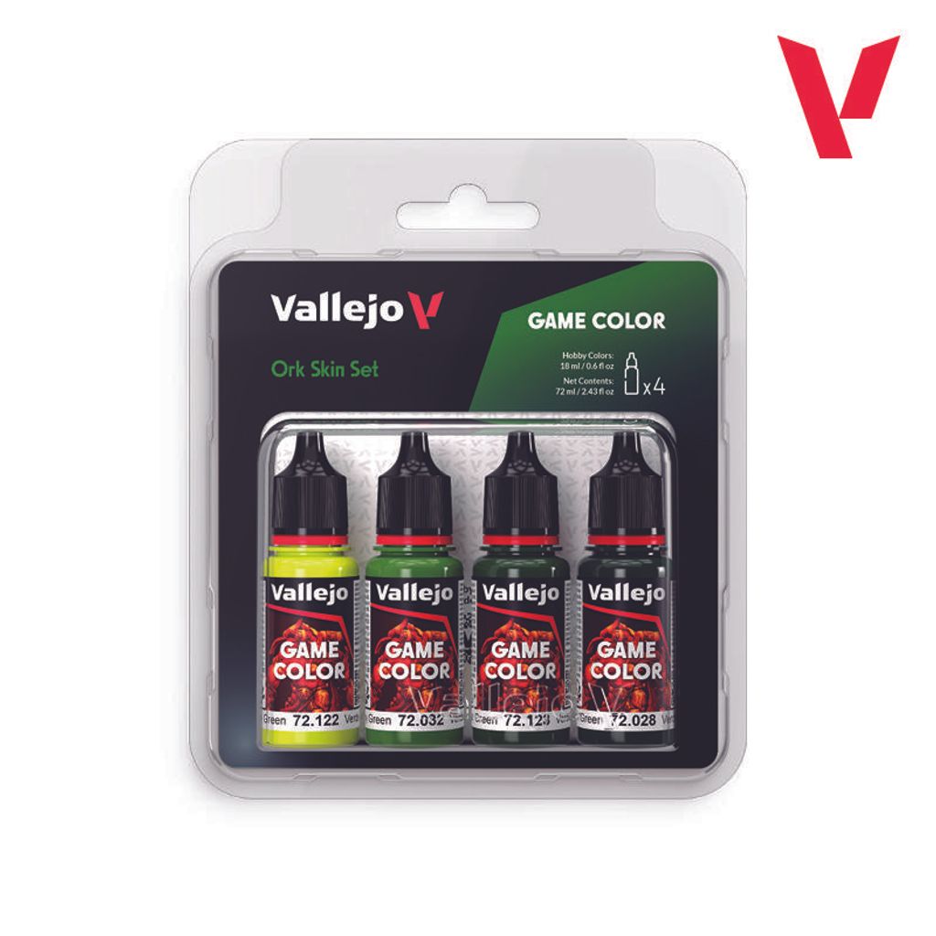 Vallejo Game Color Acrylfarben-Set „Ork Skin“ (Ork Skin Set). Set mit 4 Farben in matter Ausführung in 18-ml-Flaschen mit Tropfverschluss für...