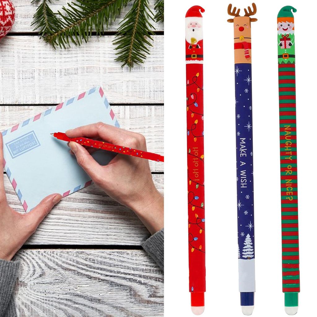 Radierbare Stifte im Weihnachtsdesign mit Weihnachtsmann, Rentier und Elfen. Schreibt sanft. Schrein für Schüler und Lehrer.