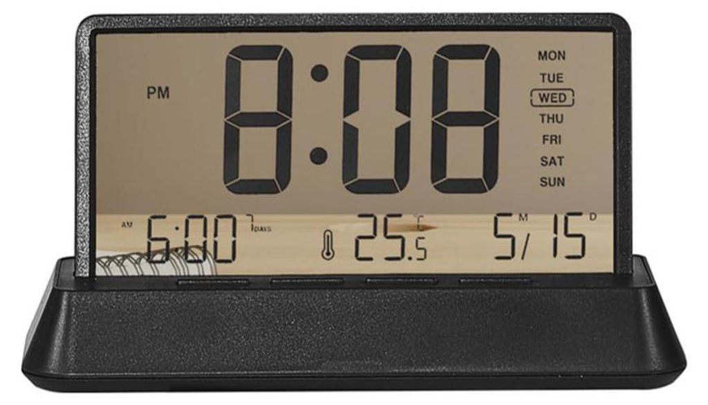 Digitaler Wecker mit großem Display, Zeit, Datum, Woche & Temperatur, 12/24H, Snooze-Funktion, minimalistisches Design, schwarz-transparent