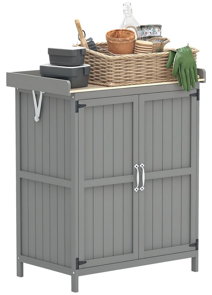 Gartenschrank, Werkzeugschrank für den Außenbereich, mit Arbeitsfläche, Holz und Edelstahl, Doppeltüren, Tannenholz, Edelstahl, 74 x 43 x 88 cm