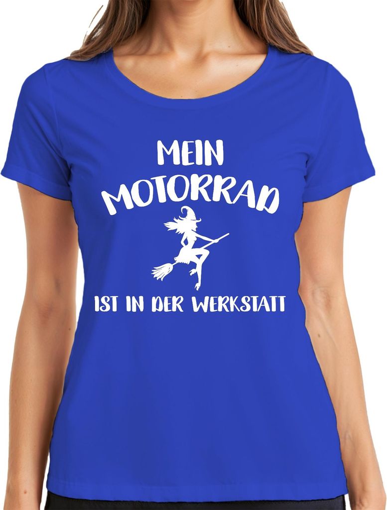 Mein Motorrad in der Werkstatt Hexe Besen Bikerin Lustig Geschenk Damen T-Shirt, Blau, XL