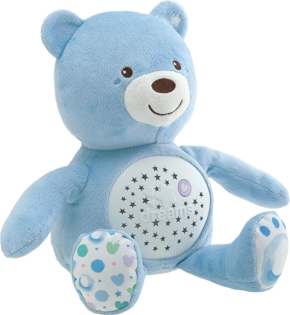 A blue teddy bear toy with a projection feature on its stomach.