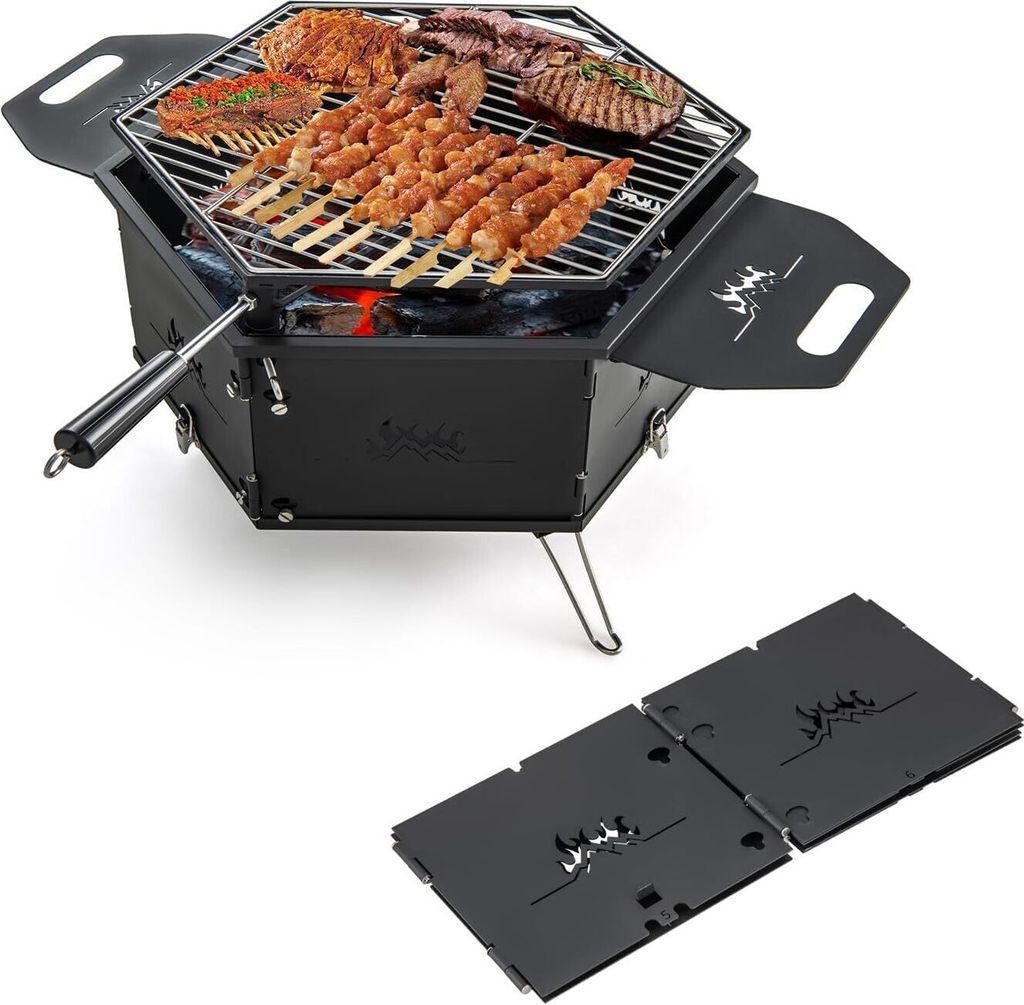 KOMFOTTEU Holzkohlegrill zusammenklappbar, Campinggrill mit 360° drehbarem Grillgitter, Tischgrill mit Grillrost aus Edelstahl