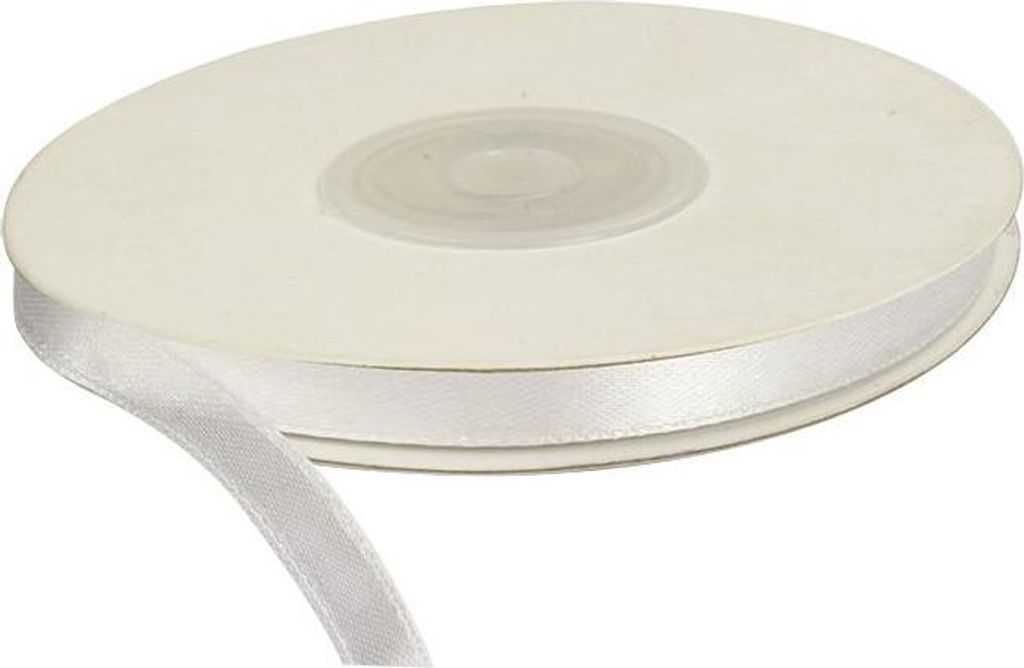 A roll of white satin ribbon is shown on a white background.
