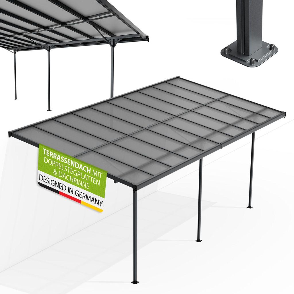 Juskys Terrassenüberdachung Borneo 6x3 m – Aluminium Terrassendach mit Doppelstegplatten Sonnenschutz Wandmontage Überdachung für Terrassen An...