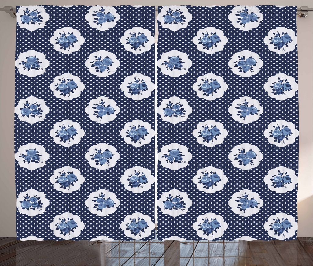 ABAKUHAUS Shabby Chic Rustikaler Gardine, Motive Dots Blumen, Schlafzimmer Kräuselband Vorhang mit Schlaufen und Haken, 280 x 175 cm, Dunkelblau W...