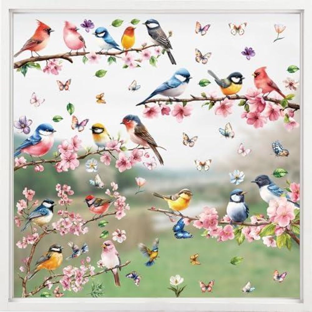 9 Blatt Fensterbilder Frühling Vögel Blumen Schmetterling, Produktbild 