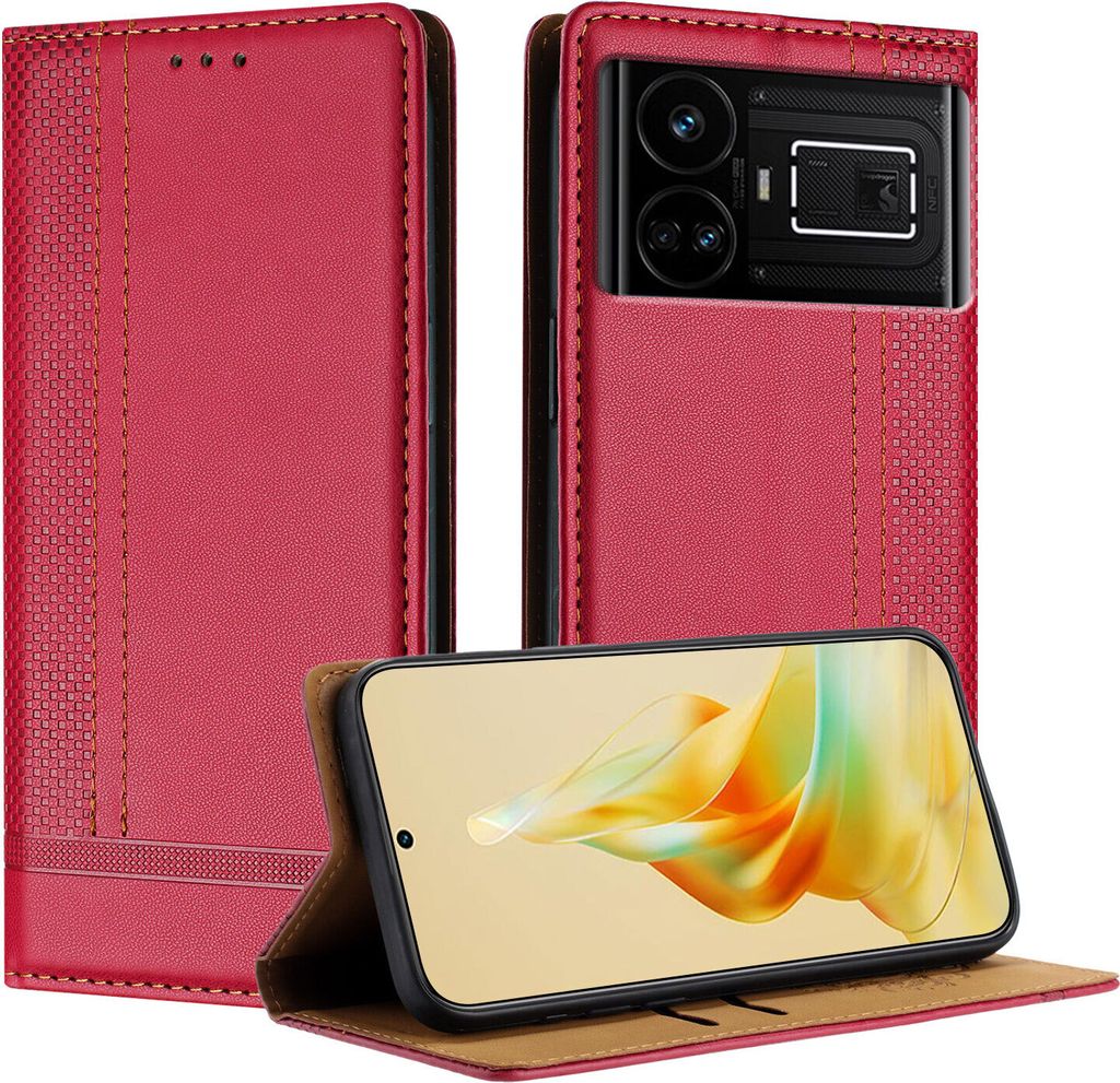 Handyhülle für Realme GT5 5G Leder Flip Klappbare Schutzhülle mit Standfunktion Rot
