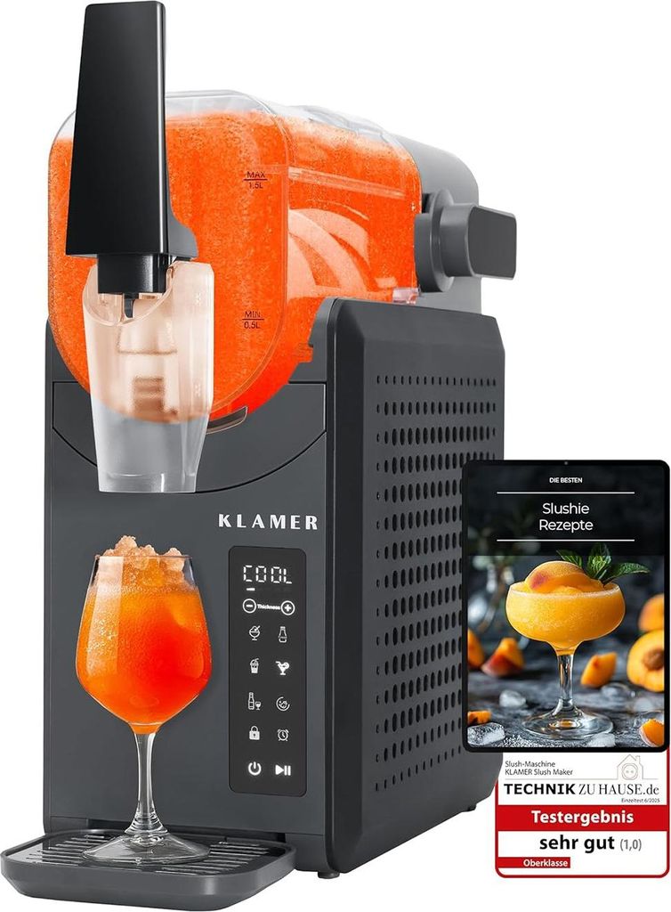 A slush machine is shown with a glass of slushy drink in front of it, and a tablet displaying recipes next to it.