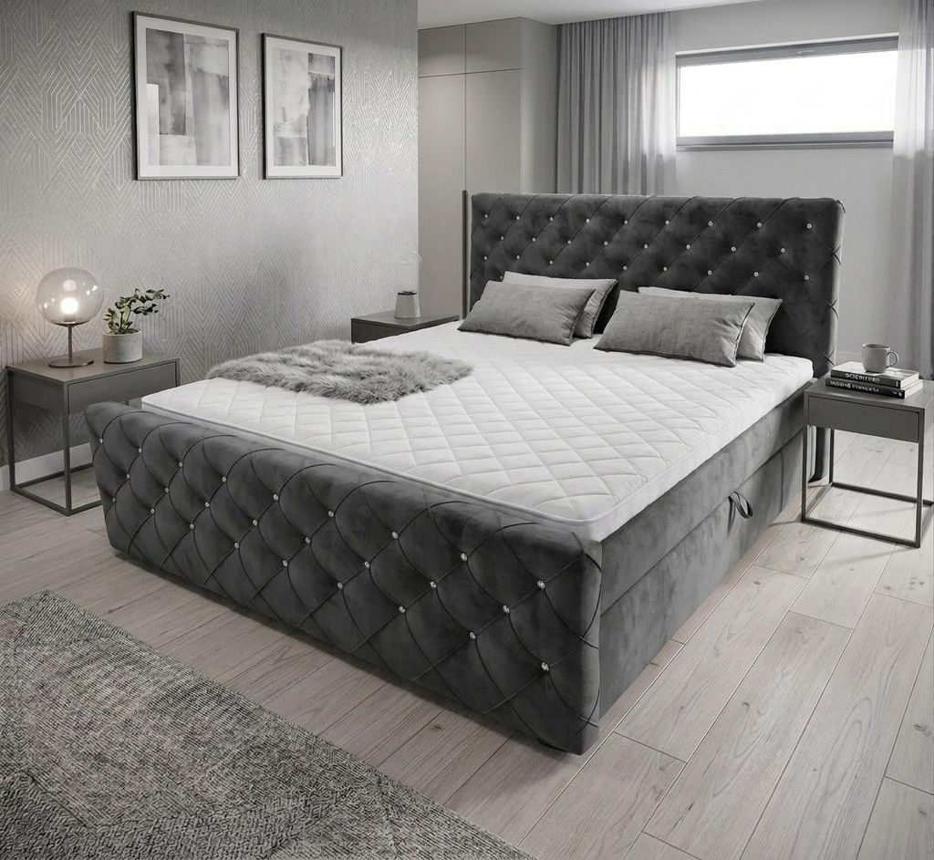 Boxspringbett mit kristallen CARMEN II 160x200cm Amor Velvet 21 Dunkelgrau, zwei Bettkästen und H3 Matratze,Komplett-Set mit Matratze und Topper,