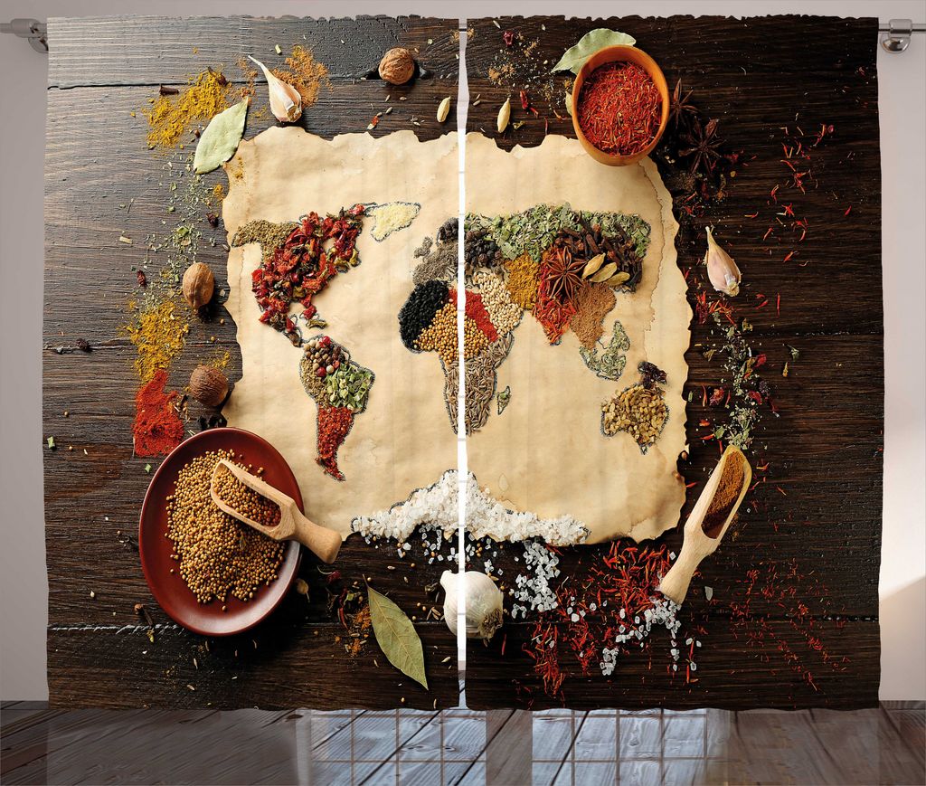 ABAKUHAUS Würzen Rustikaler Gardine, Karte mit verschiedenen Zutaten, Wohnzimmer Universalband Gardinen mit Schlaufen und Haken, 280 x 225 cm, Meh...