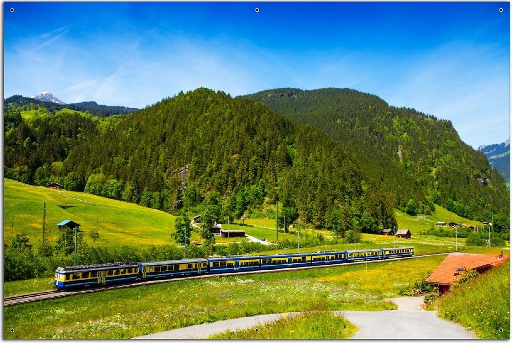 Wallario Outdoor-Poster für Garten oder Balkon, Motiv Eisenbahn in einer Sommerlandschaft in der Schweiz, in ca. 61 x 91,50 cm