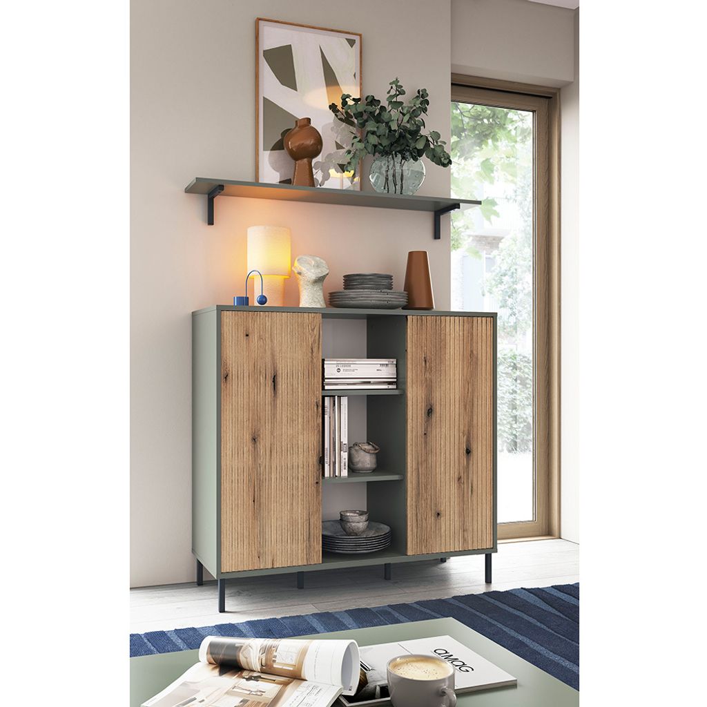 Wohnzimmer Sideboard mit Wandpaneel in grau-grün mit Eiche PARMA-129