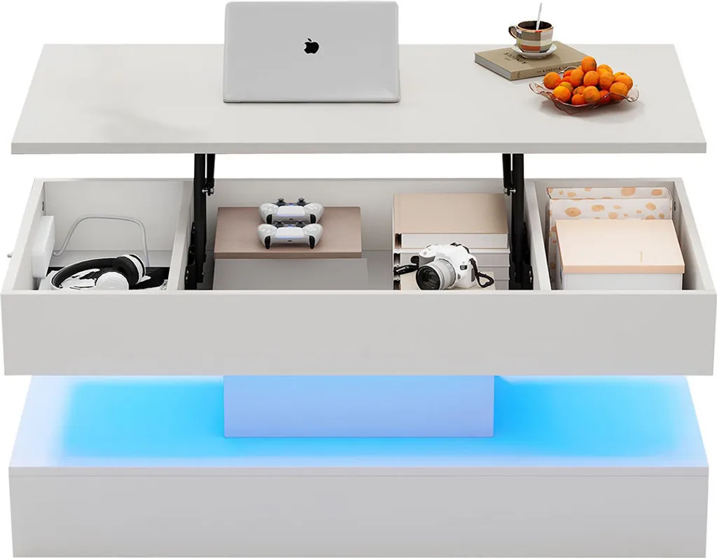 Table basse moderne blanche 100cm à LED avec espace de stockage caché
