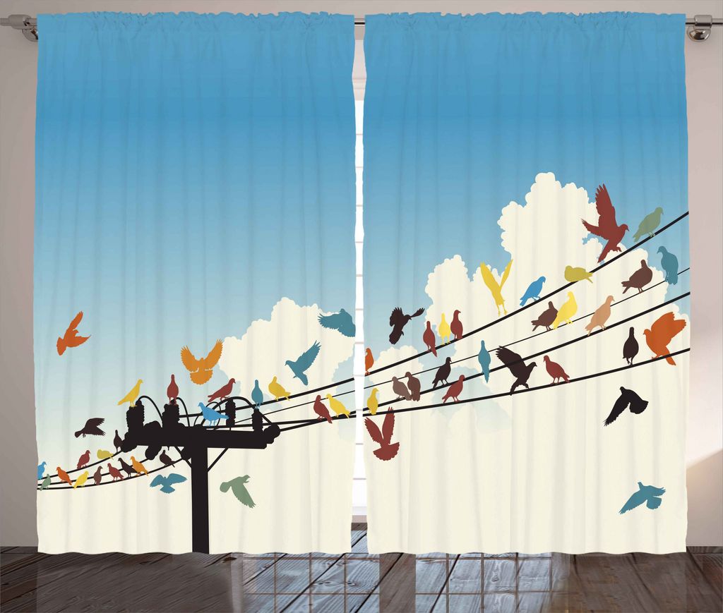 ABAKUHAUS Multi Rustikaler Gardine, Tiere Vogel Silhouetten, Schlafzimmer Kräuselband Vorhang mit Schlaufen und Haken, 280 x 225 cm, Mehrfarbig