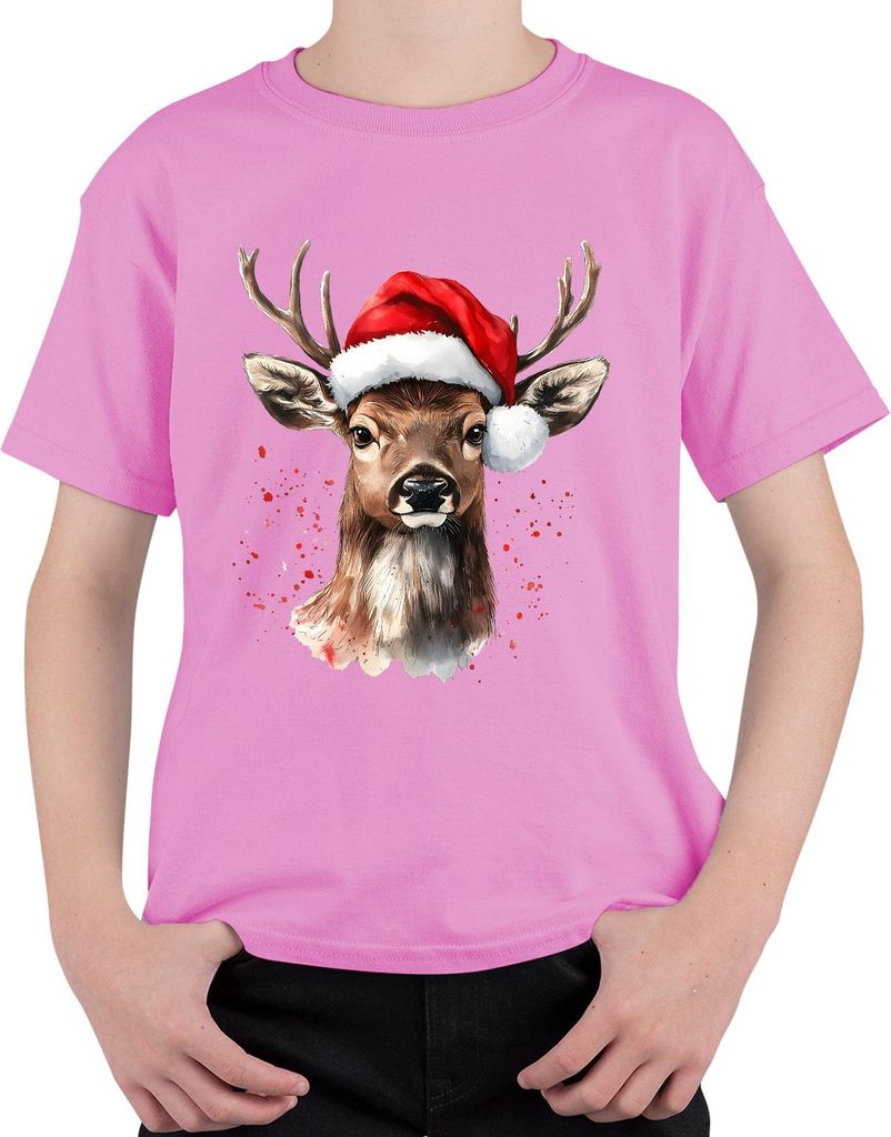 Rentier Santa Hut Weihnachten Aquarell Splatter Geschenk Retro Uni Kinder T-Shirt, Pink, 140
