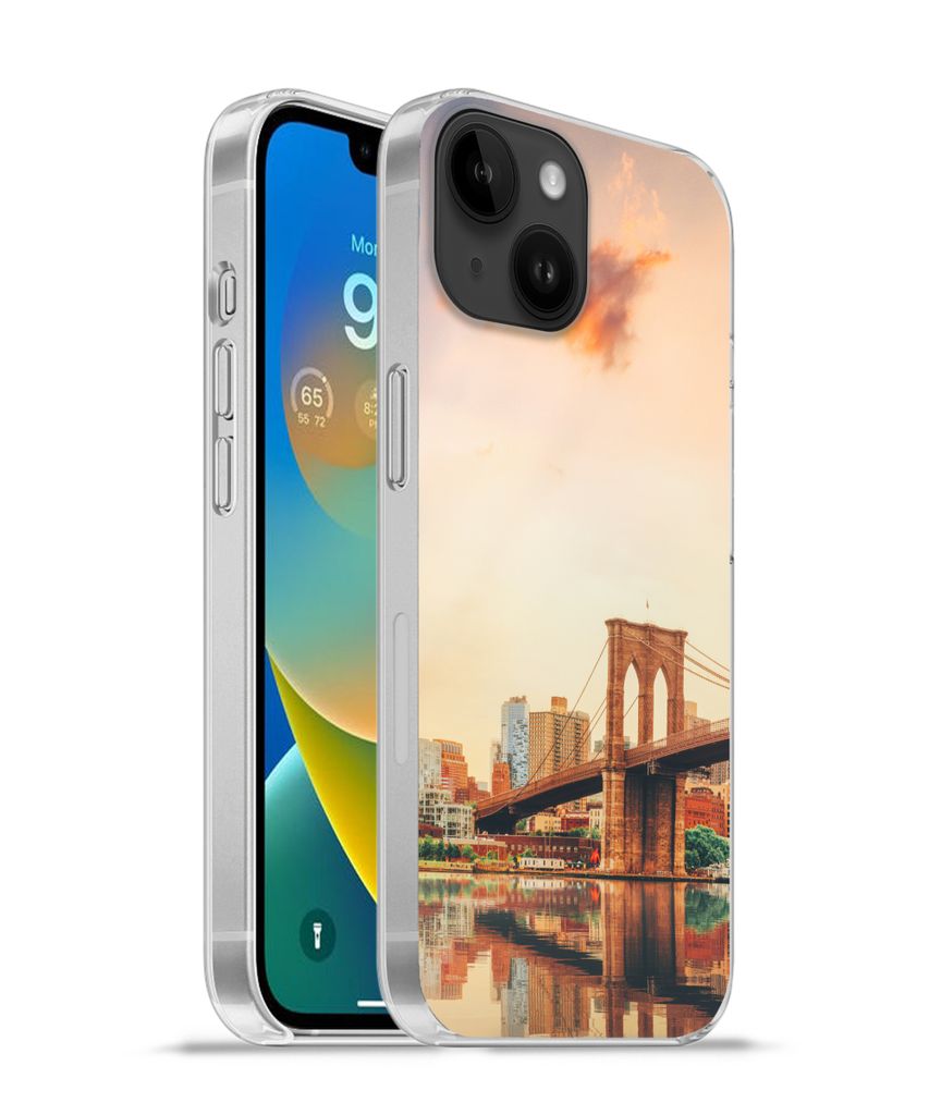 MuchoWow Handyhülle Schutzhülle Hülle für Apple iPhone 14 - Softcase New York - Brooklyn - Brücke - Sonnenuntergang Silikon Softcase Handy H...