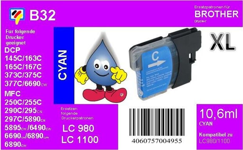 LC1100HYC / LC980 Ersatzdruckerpatrone cyan mit 750 Seiten Druckleistung nach ISO/24711 für Brother DCP6690CW, MFC5890CN, MFC6490CW, MFC6890CDW