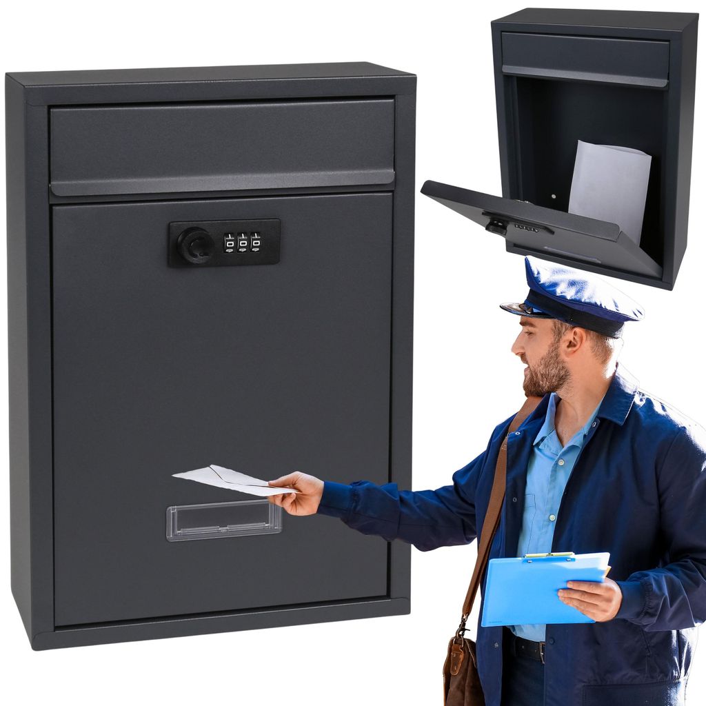 Anthrazitfarbener Briefkasten für Briefe und Zeitungen mit Zahlenschloss, UV-beständig