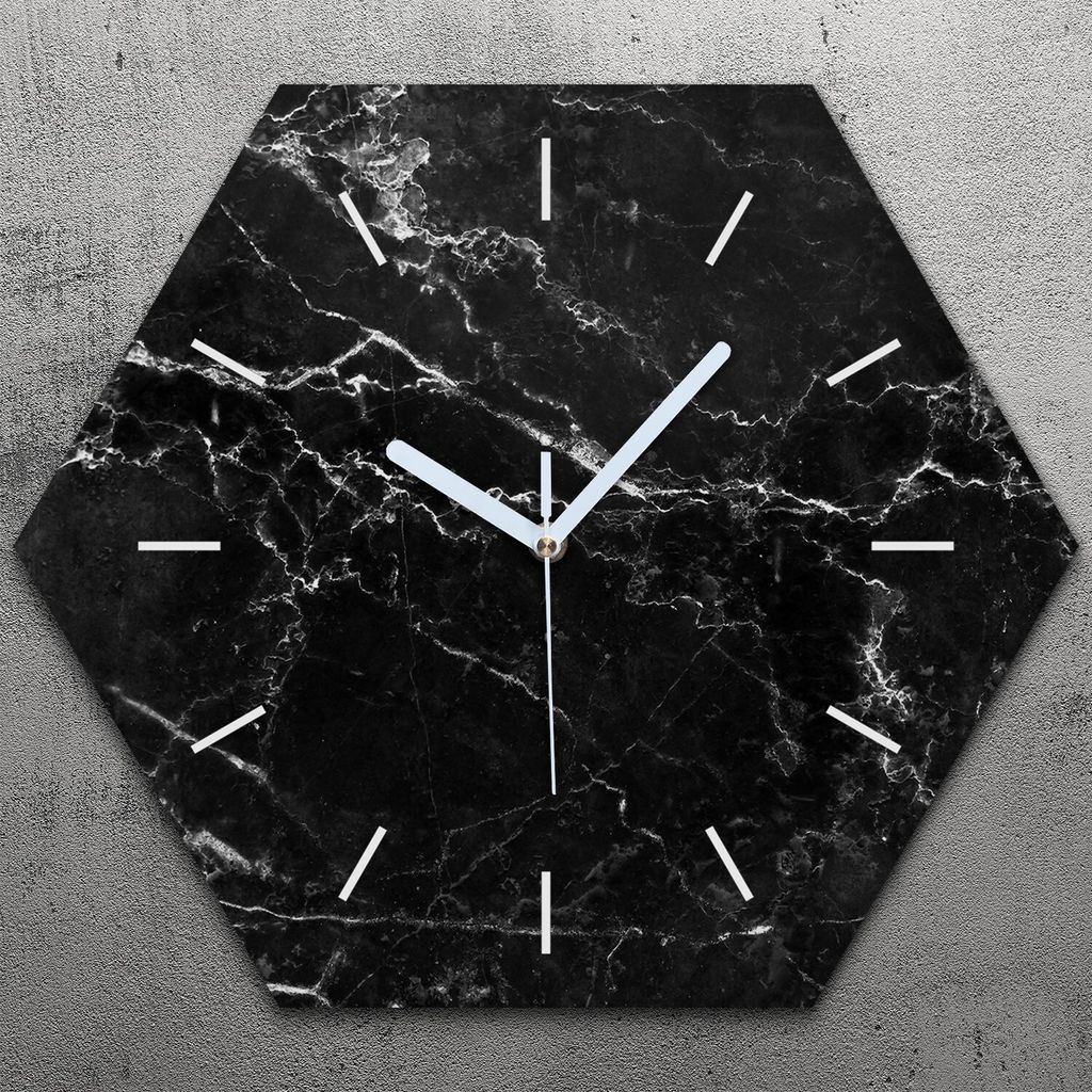 Uhr hexagonal 40 cm Glas Geräuschlos weiße Zeiger - schwarz Marmor