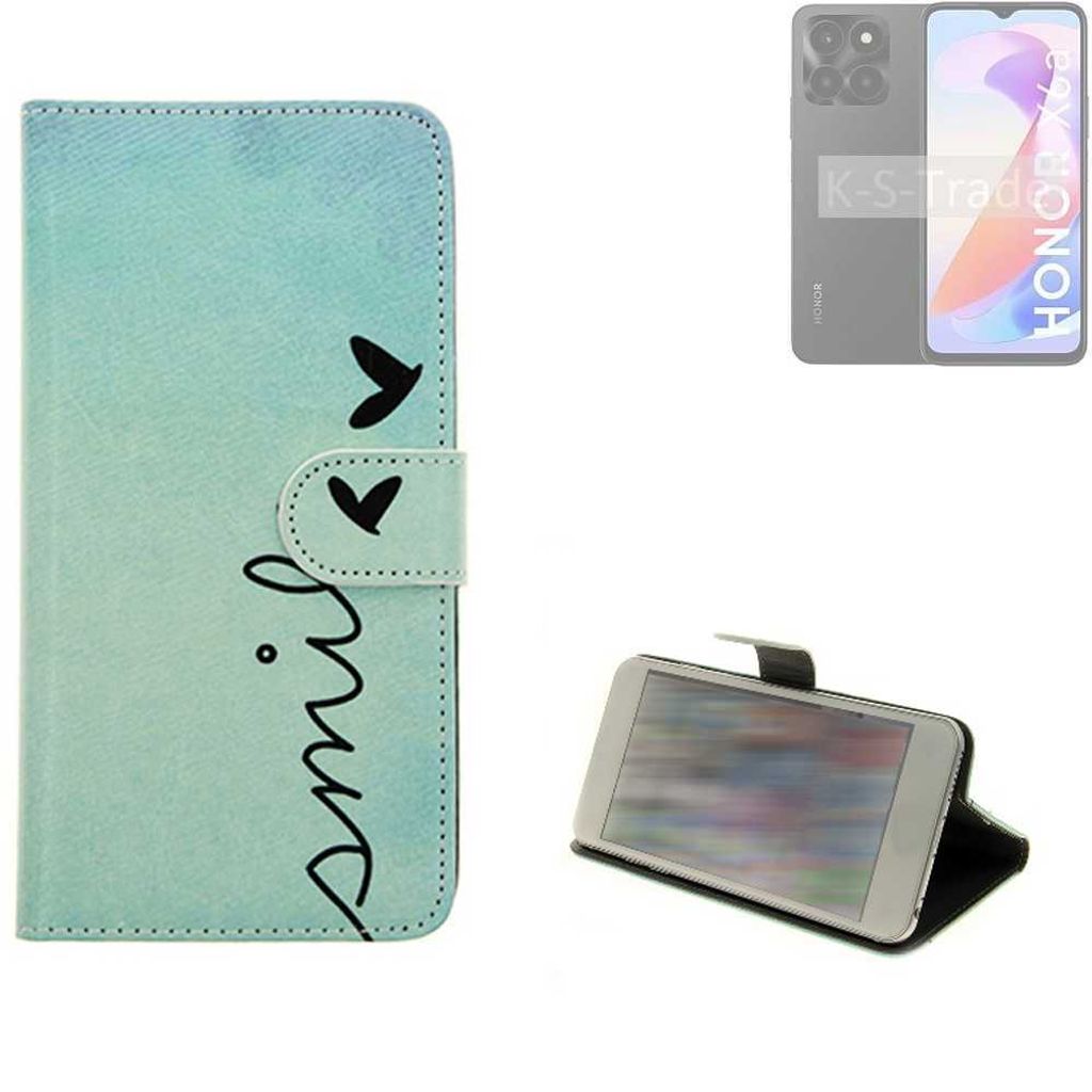 K-S-Trade Schutz Hülle Handy Hülle kompatibel mit Honor X6a Hülle Handyhülle cover bookstyle Etui Handyhülle “smile“ türkis Standfunktion
