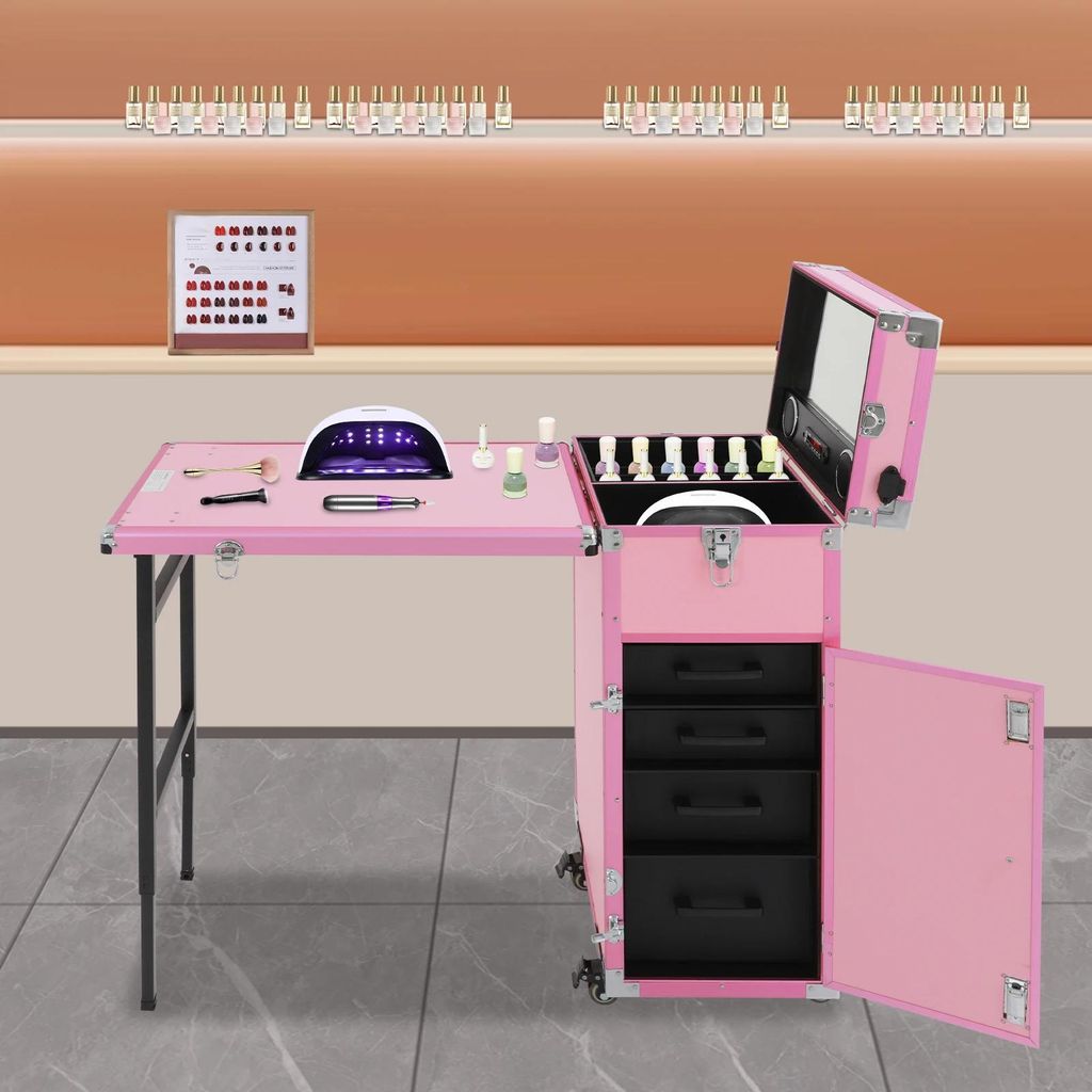 Manikürtisch - Rollbarer Nageltisch - Tragbar - Metallrahmen - All-in-One Aufbewahrung - Für Salon/Studio - Rosa
