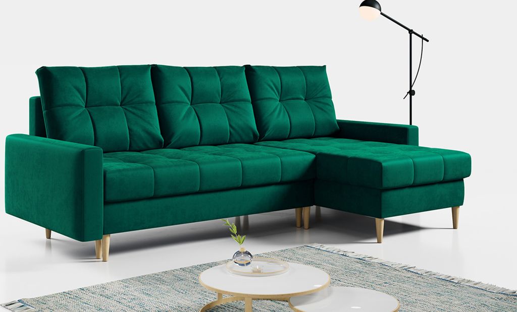 Ecksofa Wohnzimmer - L-form mit Schlaffunktion und Bettkasten - ASTRA - Dunkelgrün