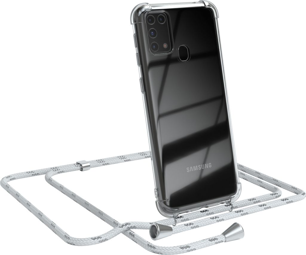 EAZY CASE Handykette kompatibel mit Samsung Galaxy M31, Handyhülle mit Umhängeband, Handykordel, Schutzhülle Clear, Band in Weiß