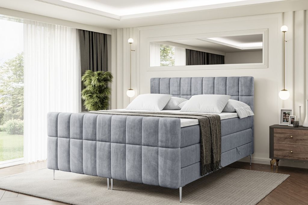 ALTDECOR Boxspringbett mit Silber Füßen, Matratze und Lattenrost, Topper, Fußteil, Polsterbett mit Bettkasten, Bett mit Stauraum H3- und H4- Mat...