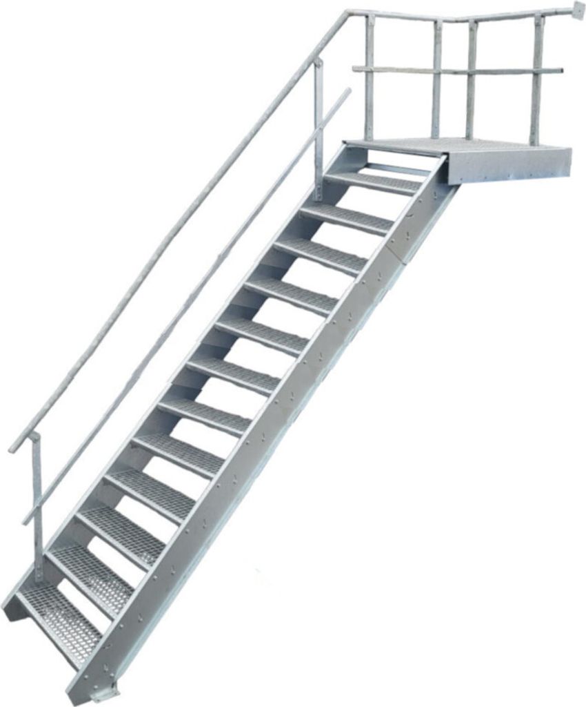 12 Stufen + Podest Stahltreppe mit Geländer links / Stufenbreite 100cm / Geschosshöhe 195-260cm