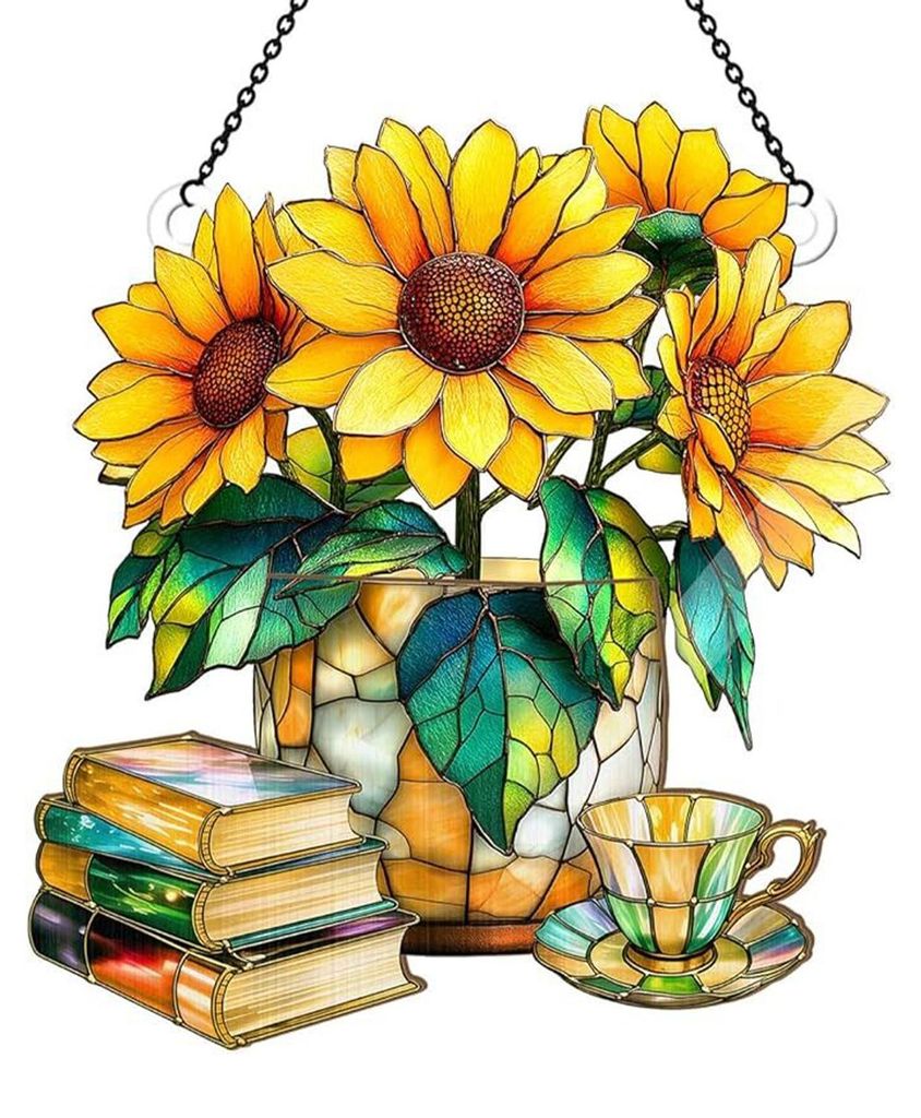 Blumen-Teetassen- und Buch-Sonnenfänger, Buntglas-Effekt, Fenster- und Auto-Hängedekoration, Acryl-Garten-Sonnenfänger-Paneel für Frauen, Mütt...