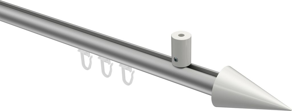 Interdeco Innenlaufstange / Gardinenstange mit Innenlauf Silbergrau / Weiß, Typ Sonius Savio (Kegel) Deckenmontage, 20 mm Ø 1-läufig, 140 cm