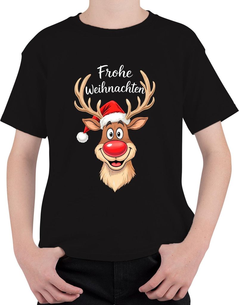Frohe Weihnachten Rentier Rudolph Rotnase Nikolaus Mütze Lustig Uni Kinder T-Shirt, Schwarz, 128