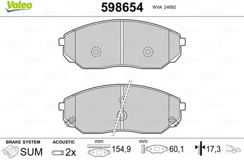 Jeu de plaquettes de frein avant pour Kia Sorento I - Réf Valeo 598654