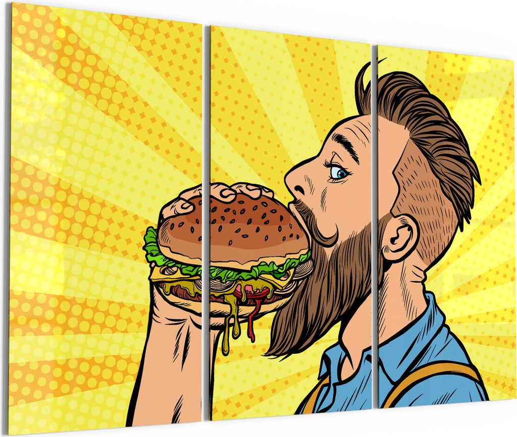 DEQORI Glasbilder Acryl 3x50x100 cm 'Bärtiger Mann isst Burger' Wandbilder XXL groß