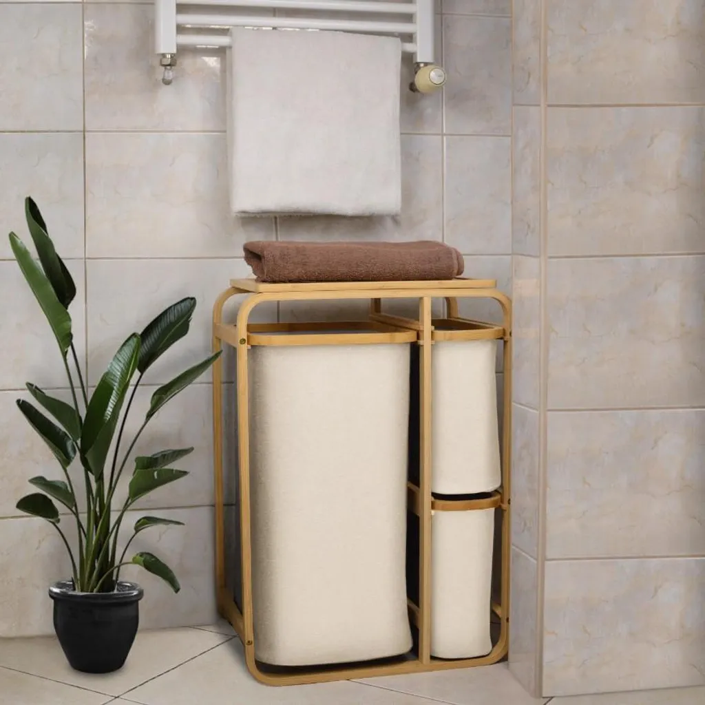Cesto Biancheria XL in Bambù 3 Scomparti Beige: Qualità Superiore