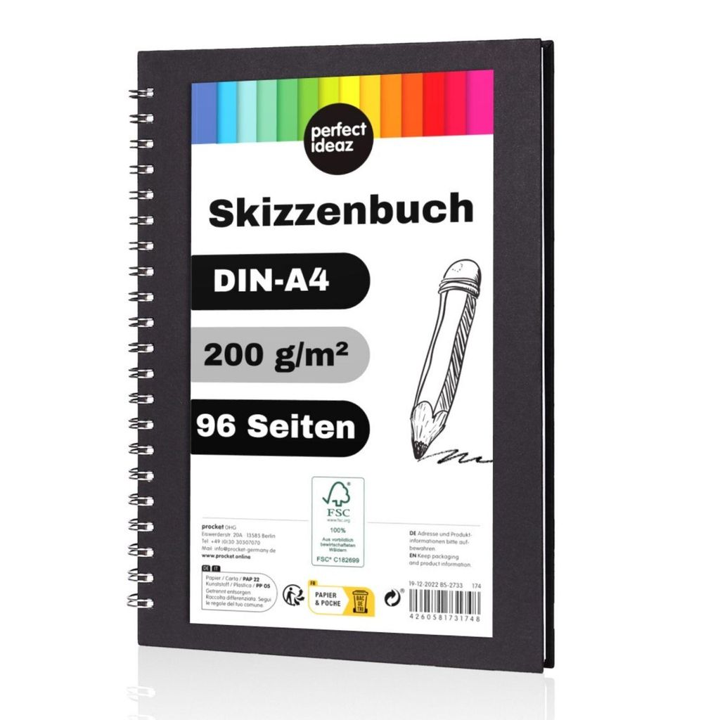 perfect ideaz 96 seitiges A4 Skizzenbuch schwarz, Hardcover, weißes Papier, 200g/m², Perforation