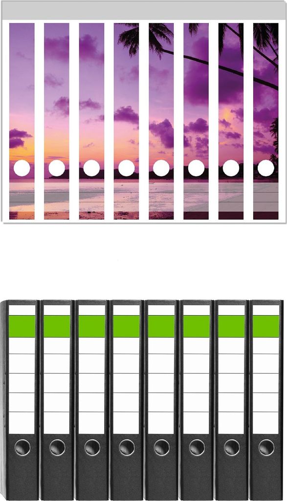 Wallario 8 Stück schmale Ordner inkl. Klebeetiketten mit Motive Sonnenuntergang unter Palmen Himmel in lila und orange - Set mit Rückenschilder...