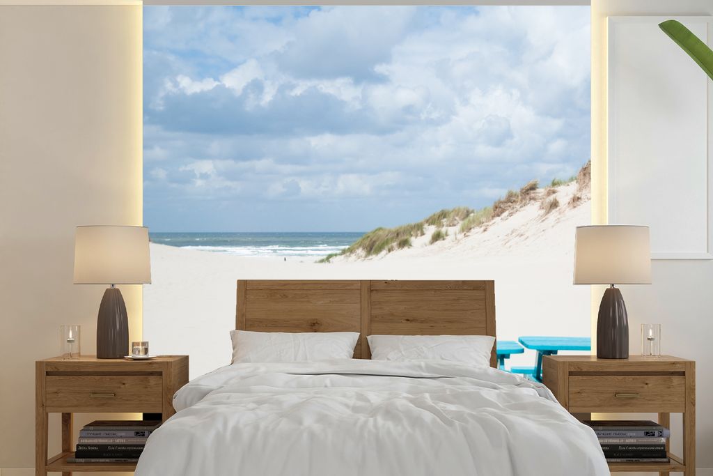 MuchoWow Fototapete für Wohnzimmer oder Schlafzimmer Wandtapete Vinyl Motivtapete Blaue Bank auf der Insel Terschelling - 220x220 cm - Tapeten