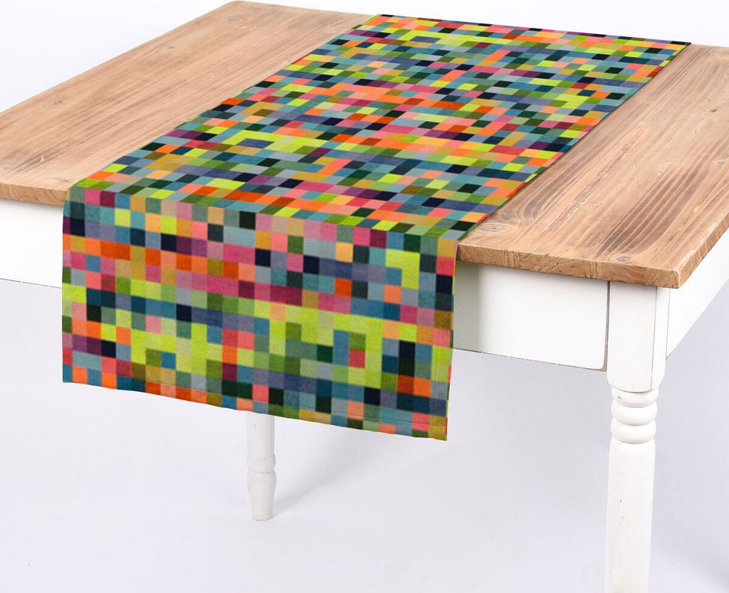 SCHÖNER LEBEN. Tischläufer Jacquard Kästchen Pixel Neon Farben bunt