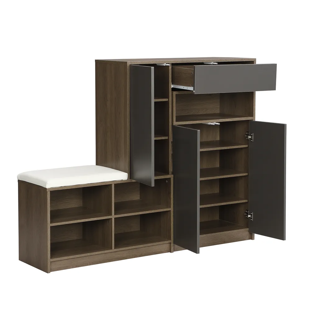 Solution gain de place : armoire chaussures grise avec siège et rangement