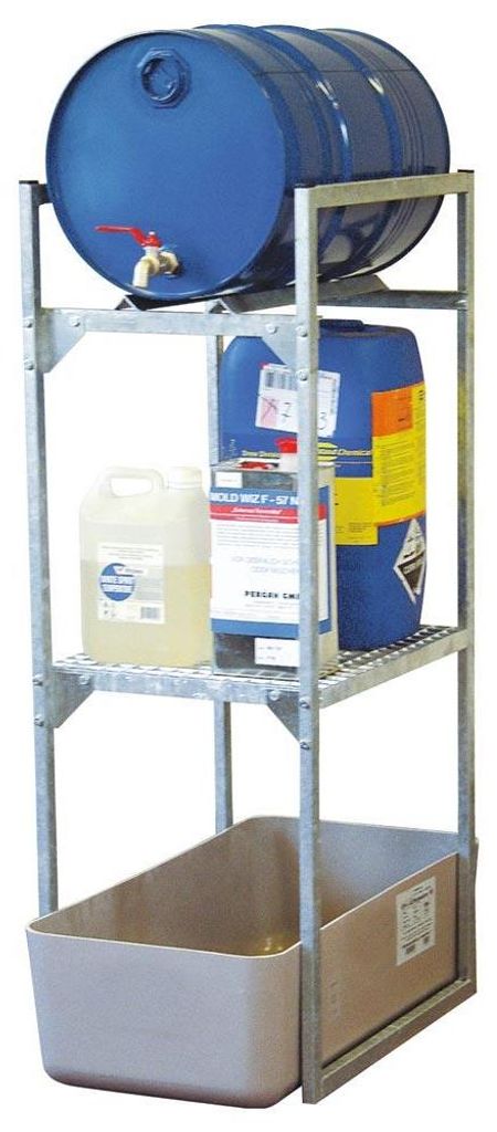 Fassregal für 1 Stück 60-l-Fass und 1 Gitterrostauflage für Kleingebinde, Stahl verzinkt, mit GFK-Auffangwanne 65 l, BxTxH 450x820x1310 mm
