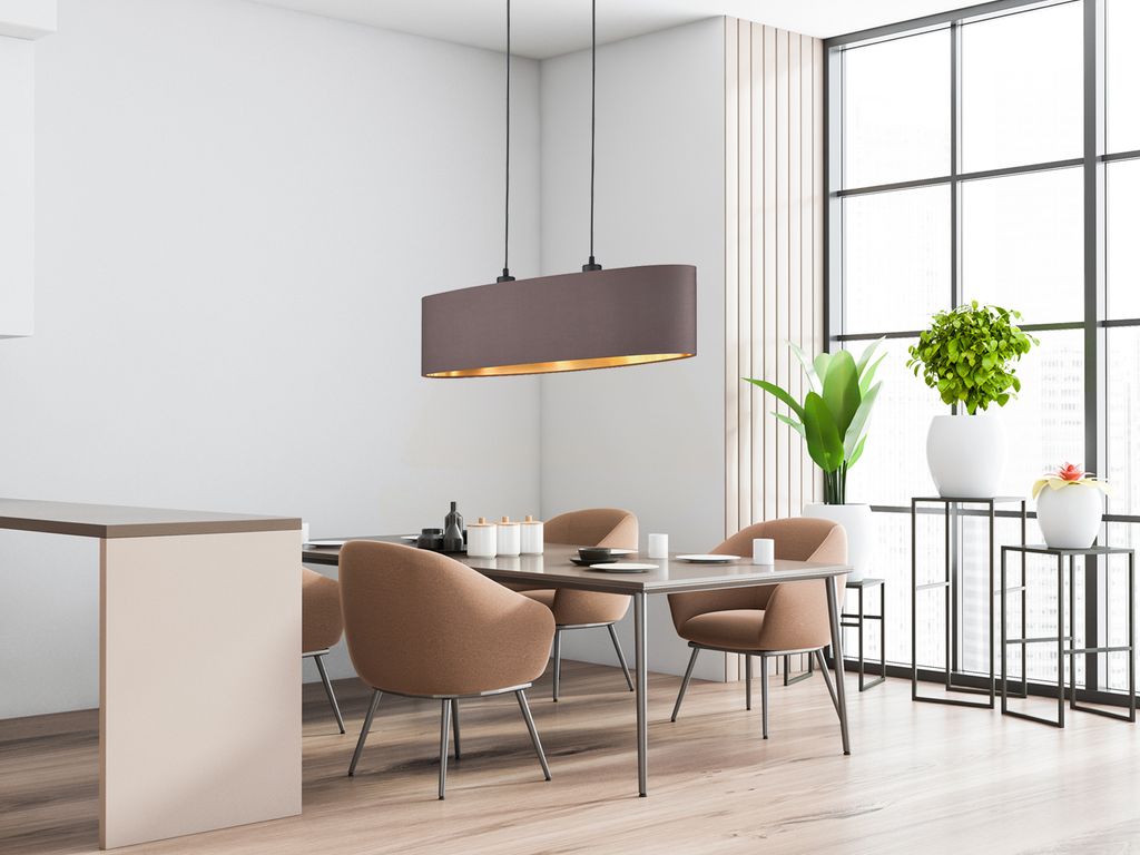 Ovale Pendelleuchte mit Stoffschirm Braun/Gold - Küchenlampen für über Esstisch