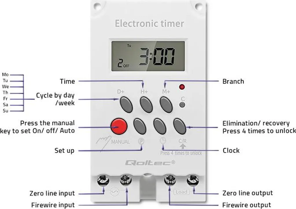 Programmatore Orario Digitale Qoltec 50629 per Guida DIN - LCD 230V - 6