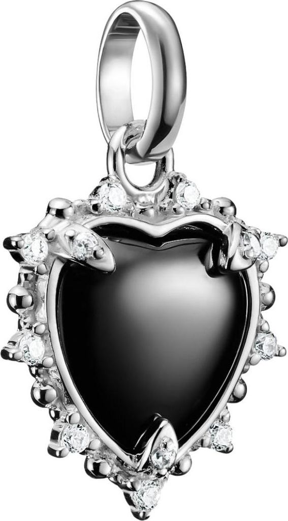 A close-up studio shot of a heart-shaped pendant with black enamel and surrounding clear stones.