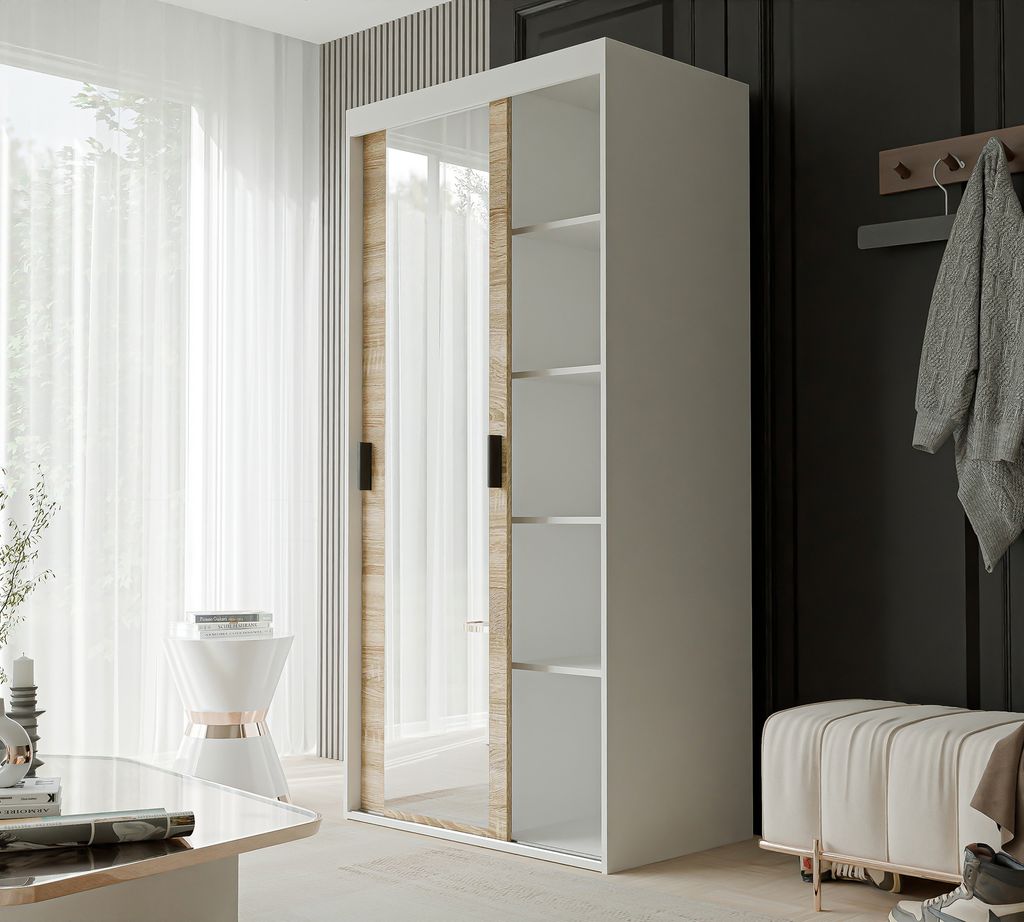 Schiebetürenschrank mit Spiegel Kleiderschrank LUNA 100 cm mit Regalen und Kleiderstangen Schrank Garderobe Weiß Sonoma schwarze Griffe