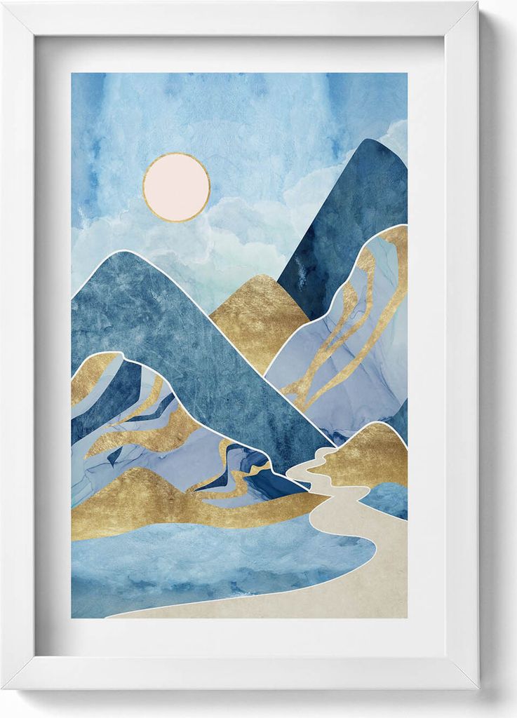 Abstrakte Landschaft mit Bergen und Sonne– Wandbild mit Rahmen – Gerahmtes Bild – Wanddekoration – 20x30 cm – Weiß