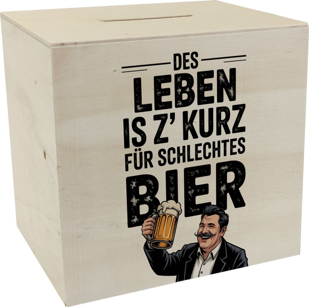 Leben zu kurz für schlechtes Bier Spardose aus Holz Mann mit Bierkrug