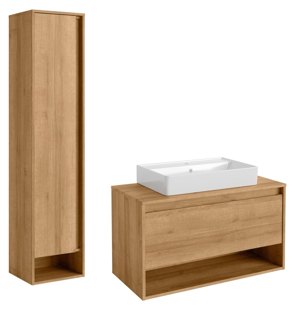 Fackelmann Natura Badmöbelset 3-teilig Stilvolle Eleganz und Funktionalität in Ast-Eiche, inkl. Aufsatzwaschbecken, Unterschrank & Hochschrank, Q...